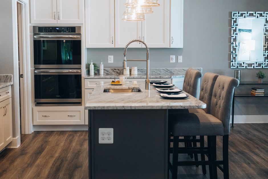 Premium marble countertops installed on a large kitchen island